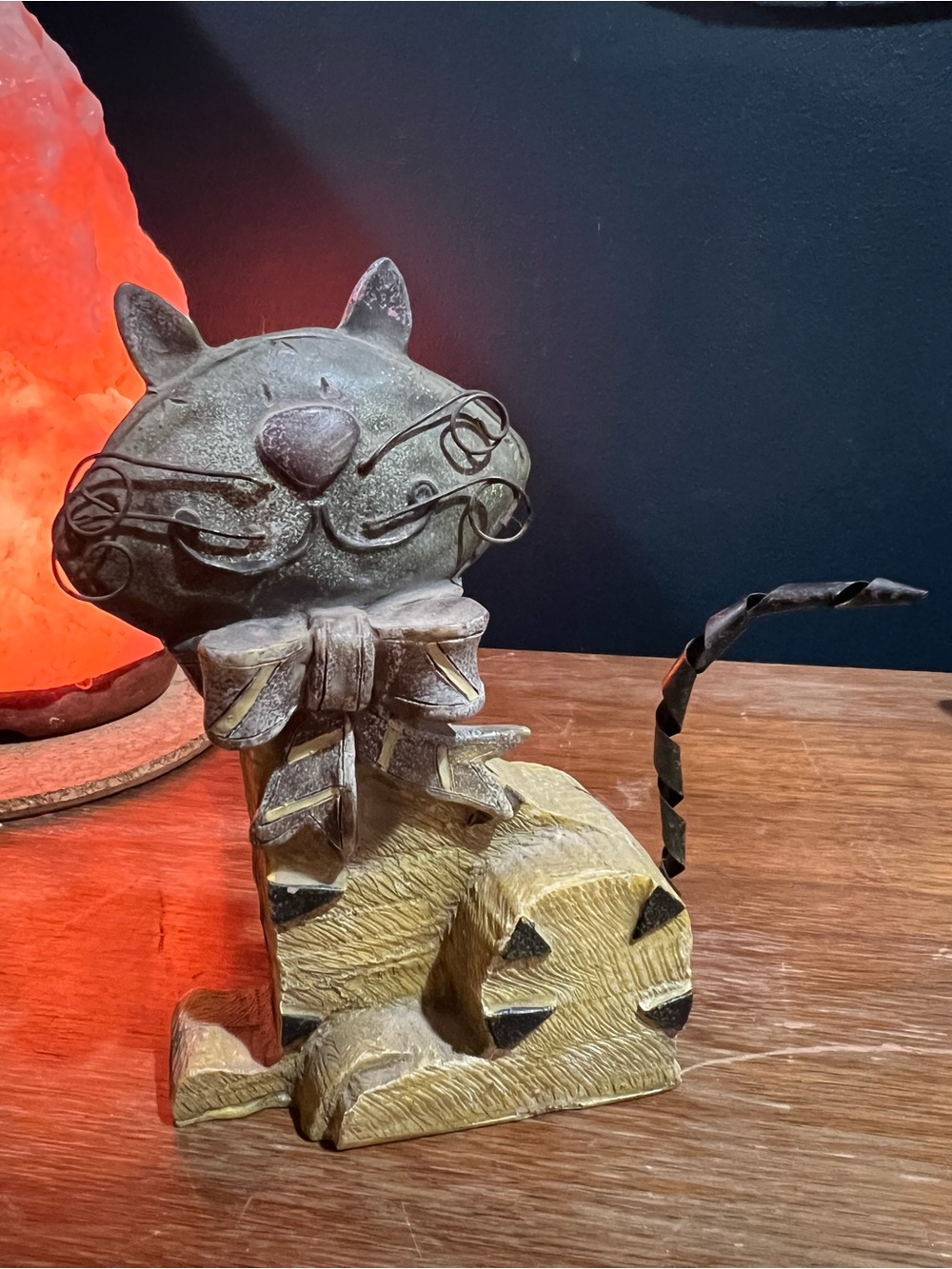 Rustic Metal & Wood Brown Cat Figurine with Bow